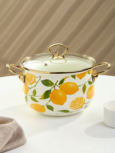 Кастрюля эмалированная сталь, 4 л, крышка стекло, Daniks, Лимоны, индукция
