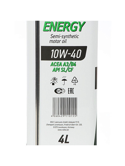Масло моторное полусинтетическое, 10W40, Rolf, Energy, 4 л, 322227