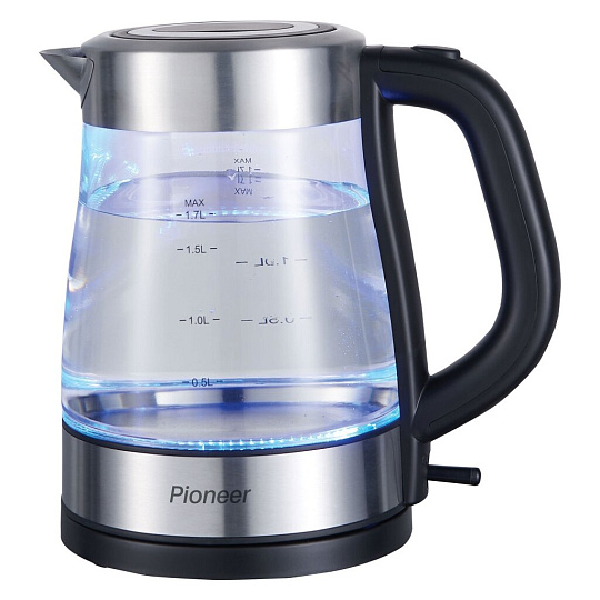 Чайник электрический Pioneer, KE807G, черный, 1.7 л, 2200 Вт, скрытый нагревательный элемент, стекло