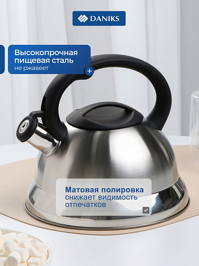Чайник нержавеющая сталь, 2.8 л, со свистком, матовый, ручка с силиконовым покрытием, Daniks, MSY-013