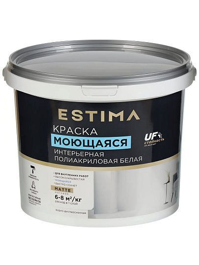Краска водно-дисперсионная, Estima, полиакриловая, интерьерная, моющаяся, матовая, белая, 6.5 кг