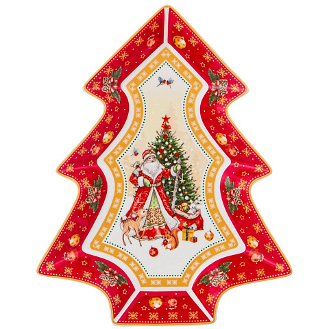 Блюдо-елка фарфор, сервировочное, фигурное, 21х26х3 см, красное, Дед Мороз, Lefard, 85-1626