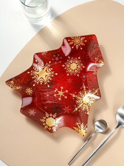 Блюдо стекло, 22.5х25 см, Снежинки на красном, Daniks