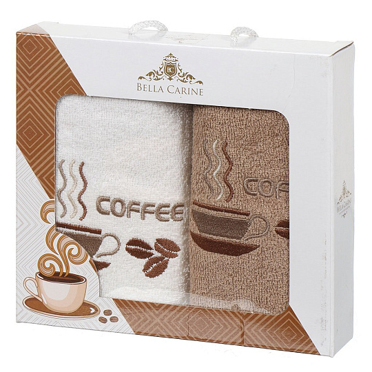 Набор полотенец кухонных 2 шт, 30х50 см, махровый, Bella Carine, Кружка, бежевый, коричневый, Турция, FTS-T2-2