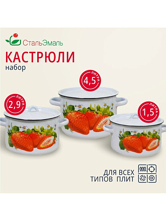 Набор посуды эмалированная сталь, 3 предмета, кастрюли 1.5,2.9,4.5 л, индукция, СтальЭмаль, Клубника садовая, 1с33