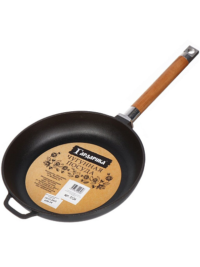 Сковорода чугун, 24 см, Гардарика, съемная ручка, с деревянной ручкой, индукция, 0124