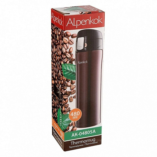 Термокружка нержавеющая сталь, 0.48 л, Alpenkok, колба нержавеющая сталь, коричневая, AK-04805A