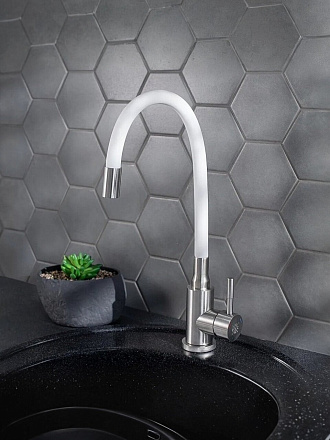 Смеситель для кухни, РМС, гибкий излив, с картриджем, белый, SUS124W-016F