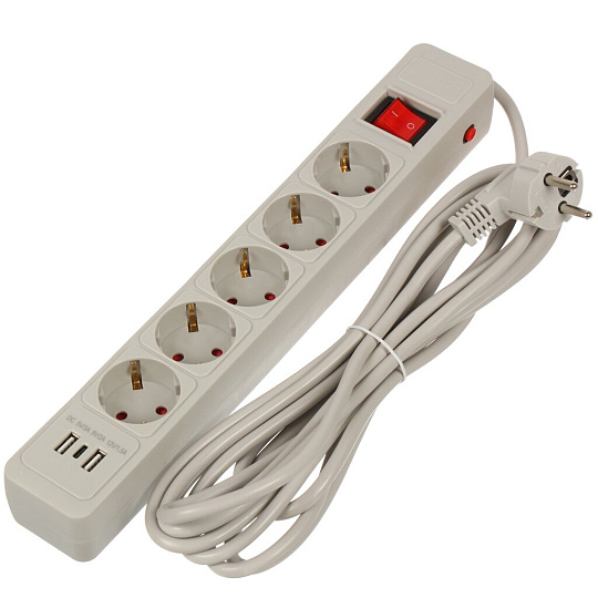 Сетевой фильтр 5 гн, 4.7 м, 3х1 мм², с/з, 16 А, +2USB +TYPE C 2.0, 3,5 кВт, сер, Jett, 171-605