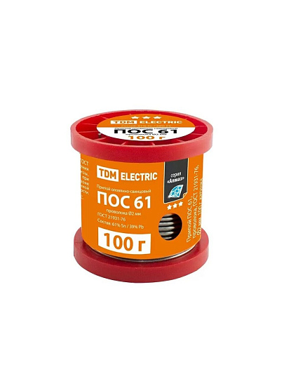 Припой POS61, проволка, TDM Electric, Алмаз, 100 г, диаметр 2 мм, катушка, ГОСТ 21931-76, SQ1025-0316/