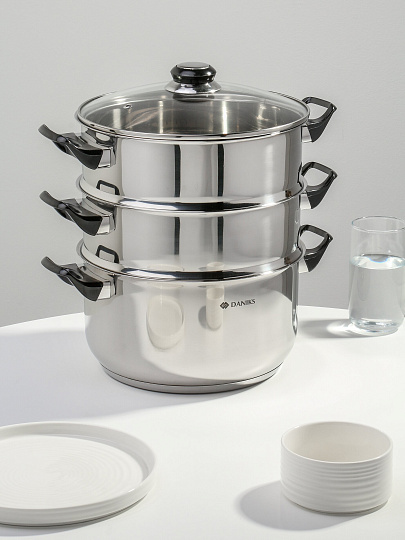 Мантоварка нержавеющая сталь, 5.8 л, 3 секции, Daniks, DNN, крышка стекло, индукция, бакелитовая ручка, S-A40D10A3