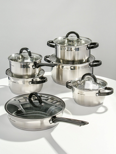 Набор посуды нержавеющая сталь, 12 предметов, кастрюли 1.6, 2.3, 3.2, 5.6 л, ковш 1.6 л, сковорода 24 см, сталь 304, индукция, Daniks, Палома, CW-H027