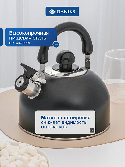 Чайник нержавеющая сталь, 2.5 л, со свистком, матовый, ручка металлическая, Daniks, индукция, черный, GS-04001
