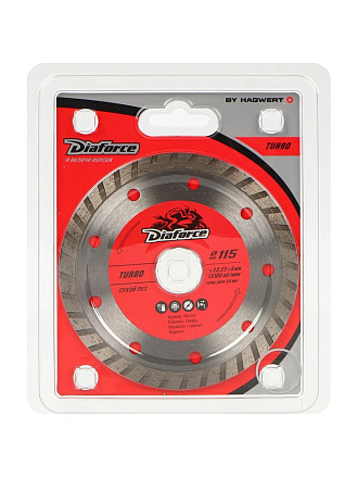 Диск отрезной алмазный по армированному бетону, Diaforce, Turbo, сплошной край, 115х22.23х2 мм, сухой рез, 501115