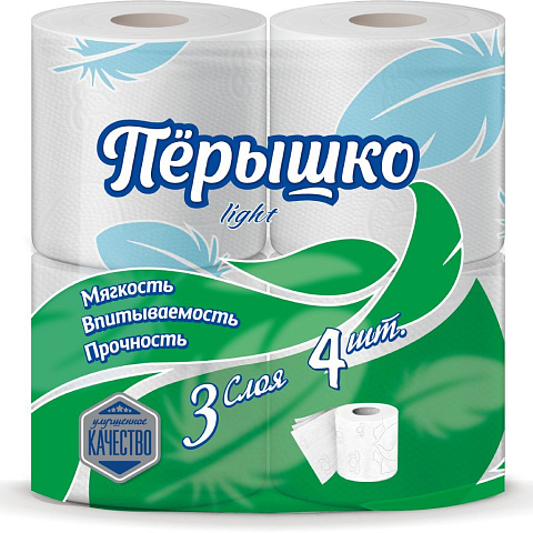 Туалетная бумага Перышко Light, 3 слоя, 4 шт, с втулкой, белая