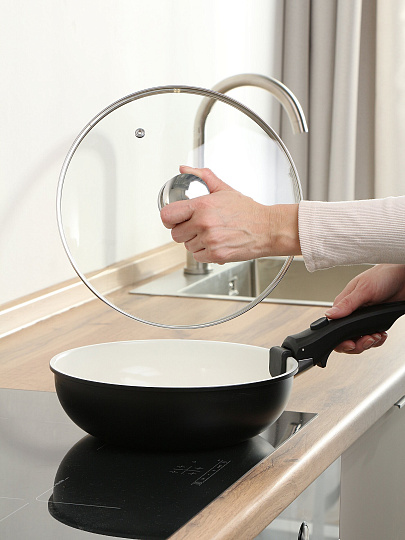 Крышка для посуды стекло, 26 см, Гардарика, металлический обод, кнопка нержавеющая сталь, 4626-02