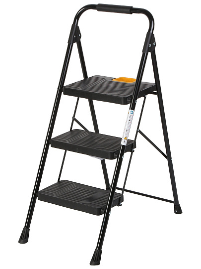 Стремянка 1 секция, 3 ступени, металл, 150 кг, широкая ступень, черный с желтым, WK2226-3