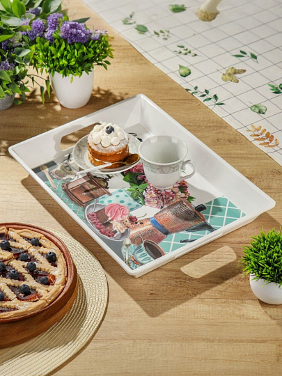 Поднос пластик, 43,5х32 см, прямоугольный, с ручками, Кофе, Y4-7871