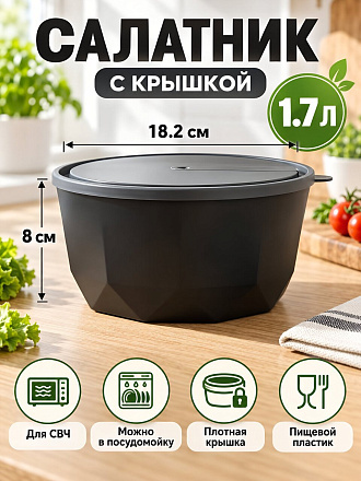 Салатник пластик, круглый, 18.2х8 см, 1.7 л, с крышкой, Black, Plast team, PT171310621