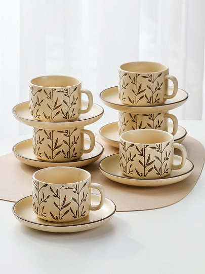 Набор чайный керамика, 12 предметов, на 6 персон, 220 мл, бежевый, Веточки, B060504