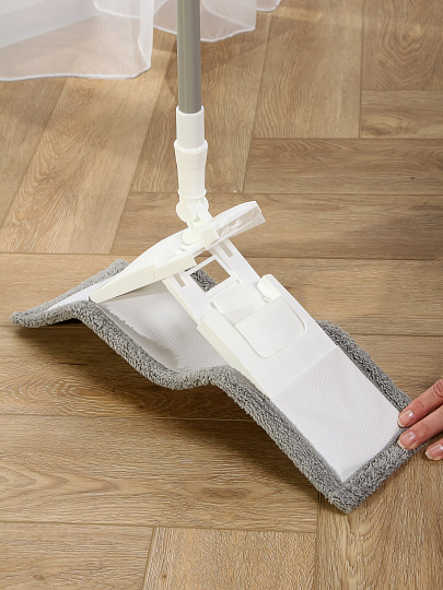 Швабра плоская, микрофибра, 120х43х13 см, серая, телескопическая ручка, светло-серая, Марья Искусниц