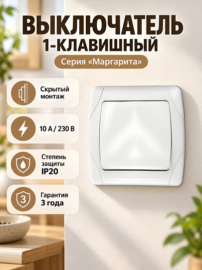 Выключатель скрытой установки, одноклавишный, 10 А, 230 В, пластик, IP20, белый, UNIVersal, Маргарита, М0021
