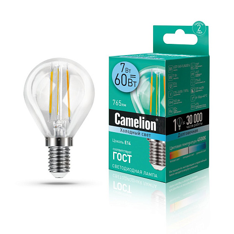 Лампа светодиодная 7Вт 220В 4500К Camelion LED7-G45-FL/845/E14