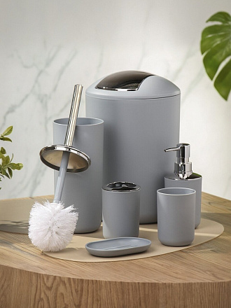 Набор для ванной 6 предметов, серый/хром, пластик, стакан, подставка для зубных щеток, дозатор для мыла, мыльница, A350058
