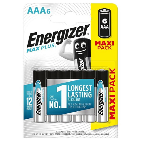 Батарейка Energizer, ААА (LR03, R3), Alkaline Max Plus, алкалиновая, 1.5 В, блистер, 6 шт, E301322102