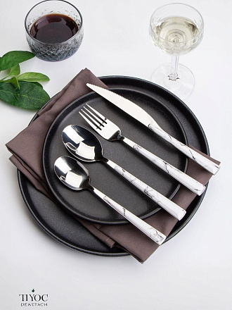 Набор столовых приборов пластик, металл, 24 предмета, белый мрамор, глянец, B020149