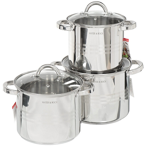 Набор посуды нержавеющая сталь, 6 предметов, кастрюли 4, 5.3, 6.8 л, индукция, Mayer & Boch, 27550