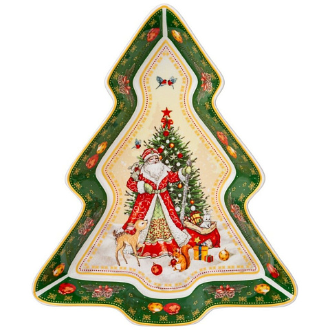 Тарелка закусочная, фарфор, 25 см, 21.4 см, фигурная, Дед Мороз, Lefard, 85-1755, зеленая