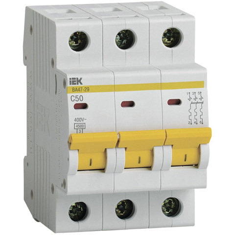 Автоматический выключатель на DIN-рейку, IEK, ВА47-29 3Р, 3 полюса, 50, 4.5 кА, 400 В, MVA20-3-050-C