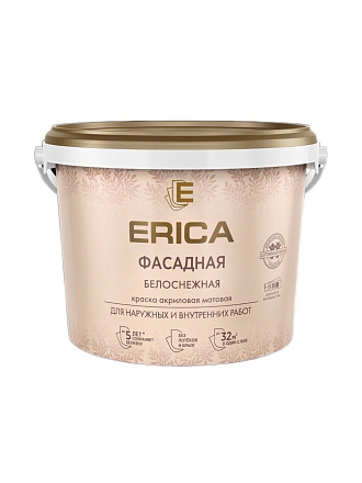 Краска водно-дисперсионная, Erica, акриловая, фасадная, моющаяся, влагостойкая, матовая, белая, 4.5 кг