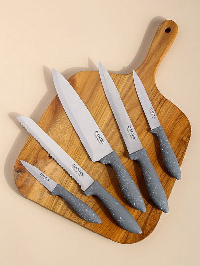 Набор ножей 6 предметов, нержавеющая сталь, рукоятка пластик, с подставкой, пластик, Daniks, Гранит, W-A371