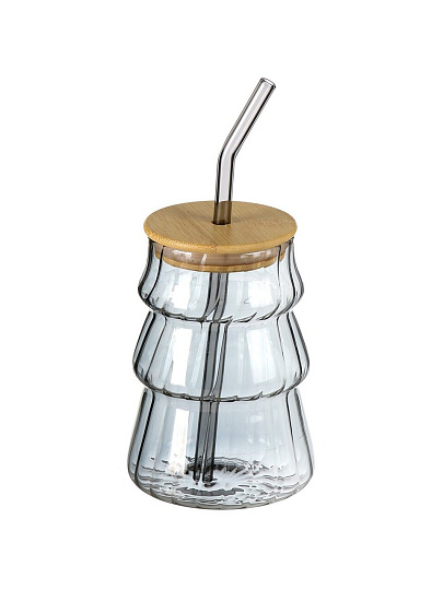 Стакан для напитков 500 мл, стекло, Оптик, с трубочкой, с крышкой, графит, B060314