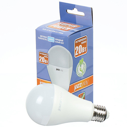 Лампа светодиодная E27, 20 Вт, 180 Вт, груша, 5000 К, свет холодный белый, JazzWay, PLED- SP A65, 220-240 Вт