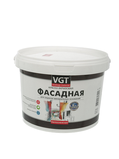 Краска водно-дисперсионная, VGT, акриловая, фасадная, матовая, белоснежная, 3 кг