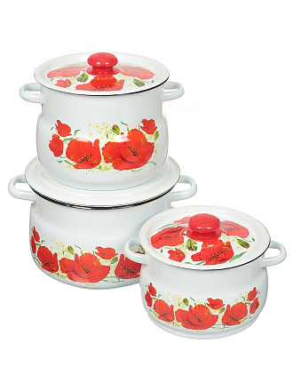 Набор посуды эмалированная сталь, 6 предметов, кастрюли 4,5.5,8 л, Сибирские товары, Маки 11, N11B67, белый