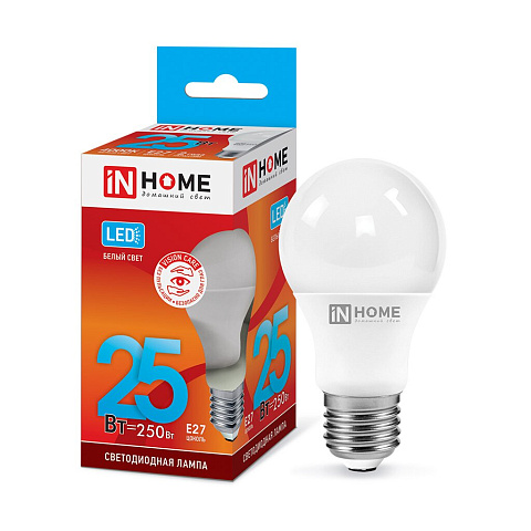 Лампа светодиодная E27, 25 Вт, 250 Вт, груша, 4000 К, свет холодный белый, In Home