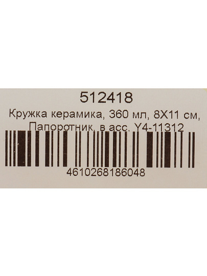 Кружка керамика, 360 мл, Папоротник, 8Х11 см, Y4-11312, в ассортименте