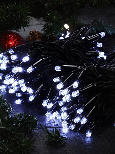 Гирлянда 150 ламп, 15 м, 1 режим, холодный белый свет, черная, на улице, сетевая, LED