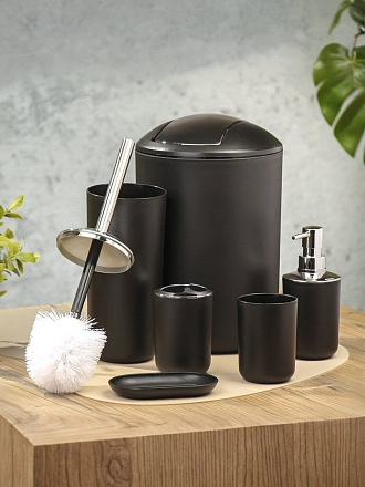 Набор для ванной 6 предметов, черный/хром, пластик, стакан, подставка для зубных щеток, дозатор для мыла, мыльница, A350057