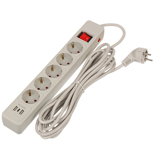 Сетевой фильтр 5 гнезд, 5 м, ПВС, 3х1 мм², с заземлением, 16 А, +2USB +TYPE C, 3.5 кВт, серый, Jett, 171-505