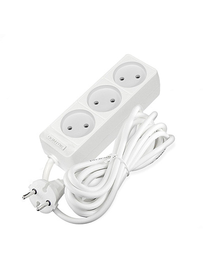 Удлинитель бытовой 3 гнезда, 3 м, ПВС, 2х0.75 мм², без заземления, 2200 Вт, Domtok, 2371