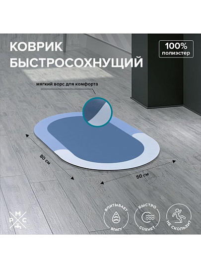 Коврик быстросохнущий для ванны, антискользящий, 0.5х0.8 м, полиэстер, РМС, К-03СН-50х80