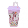 Стакан детский пластик, Волшебная страна, 500 мл, с крышкой, с трубочкой, Альтернатива, розовый, М8287
