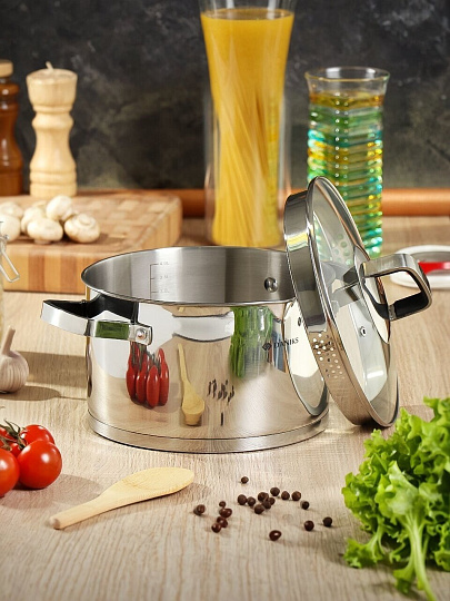 Кастрюля нержавеющая сталь, 4.75 л, крышка стекло, Daniks, Манхэттен, M-461-22, индукция