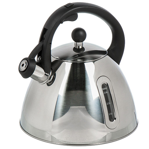 Чайник нержавеющая сталь, 3 л, со свистком, зеркальный, с мерной шкалой, RasheL, М-7193, индукция, серебристый