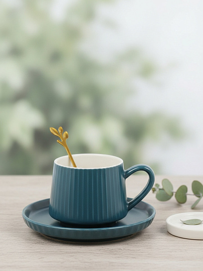 Чайная пара керамика, 3 предмета, на 1 персону, 160 мл, 6.5х7 см, блюдце 13.5 см, B060616, синяя